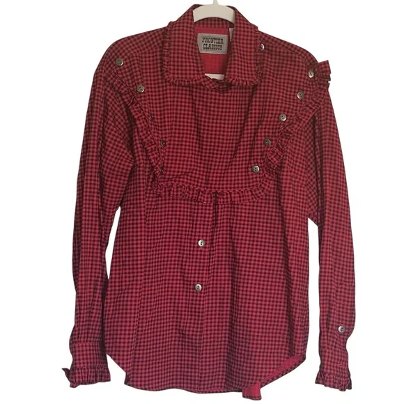 Frontier Classics Red Gingham Ruffle Bib Blouse – Size L Western Victorian Style - Picture 1 of 10